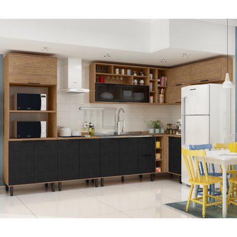 Cozinha Modulada Completa de Canto Mdf 9 Peças Lombardia com Porta de Vidro - Cor Freijó Nero