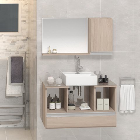 Conjunto de Gabinete Banheiro Venus 80cm com Gabinete + Cuba, Espelheira, Tampo Vidro - Madeirado