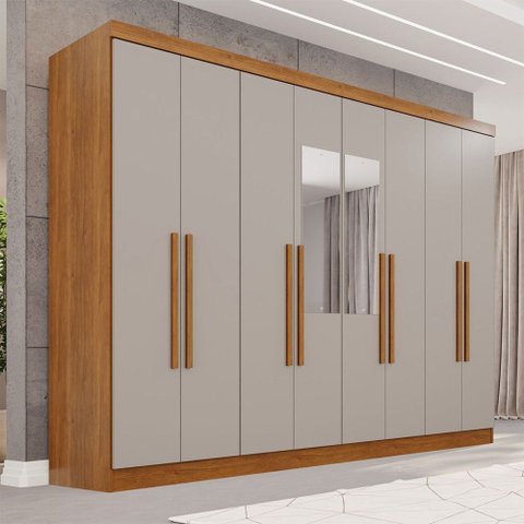 Guarda-roupa Casal Pinheiro 8 Portas 4 Gavetas com Espelho Cinamomo/off White - Pnr Móveis