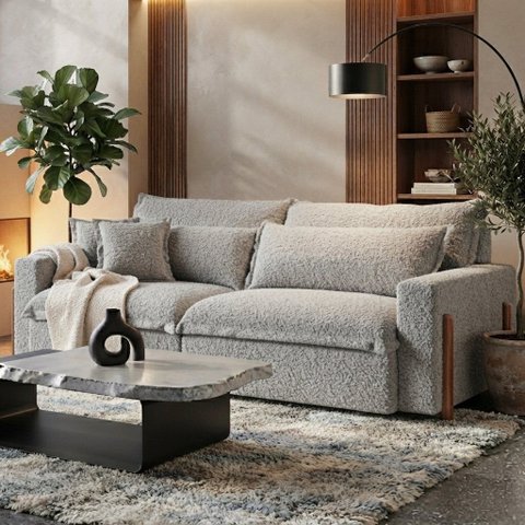 Sofá Cama, Retrátil e Reclinável Dubai, 2,10m Tecido Bouclé, Cinza Claro Molas Ensacadas.