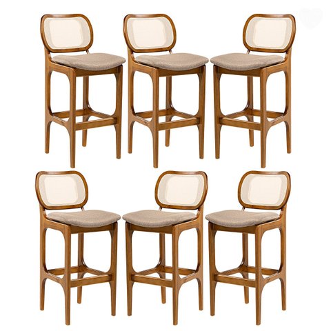 Kit 6 Banquetas para Área Gourmet Decor Encosto Rattan Madeira Imbuia Linho Marrom L87 Rmi