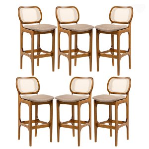 Kit 6 Banquetas para Área Gourmet Decor Encosto Rattan Madeira Imbuia Linho Marrom L87 Rmi