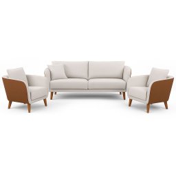 Conjunto Sofá Living Hórus e Duas Poltronas Tecido Composê Linho Cru e Marrom Terracota 1,70m - 1