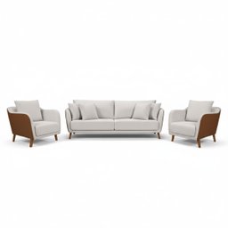 Conjunto Sofá Living Hórus e Duas Poltronas Tecido Composê Linho Cru e Marrom Terracota 1,70m - 1