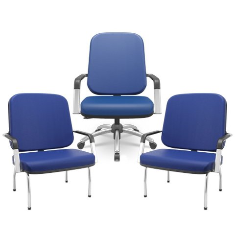 Kit Cadeira de Escritório Giratória e 2 Cadeiras Fixas Cromada Magno P03 Vinil Azul - Lyam Decor