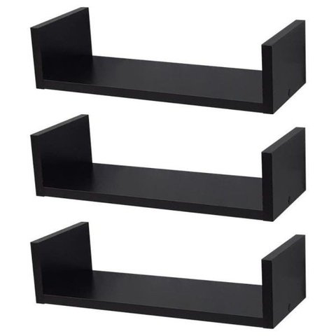 Kit 3 Prateleiras Nichos em U 40x30 MDF Preto com Suporte Flutuante Invisível