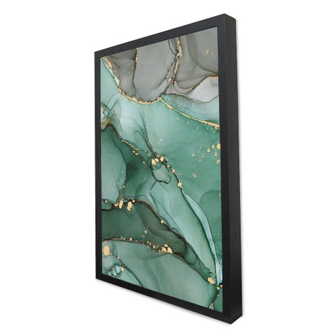 Quadro Decorativo Caixa Alta com Vidro Abstrato Mármore Verde e Cinza TaColado Moldura Preta 120 x 8