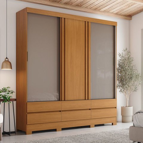 Guarda Roupa Casal 3 Portas Correr Flex com Ripado 6 Gavetas Externas B386 Briz