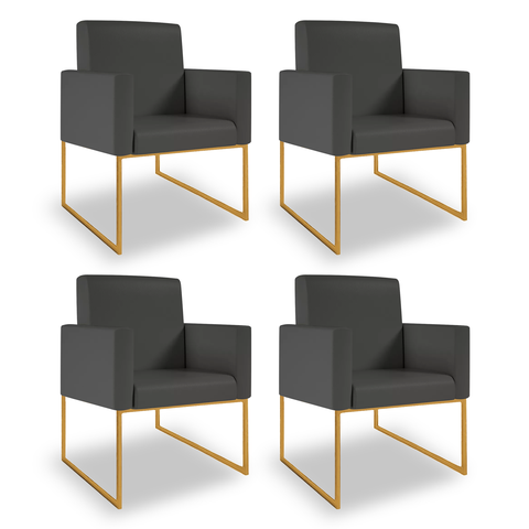 Kit 04 Poltronas Moderna Courino 3 Cores- Base Ferro Preto - Cinza
