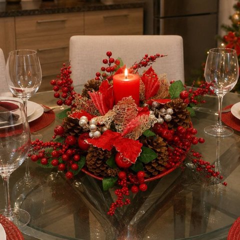 Arranjo Natalino Centro de Mesa Decoração Pinha Vela de 35cm