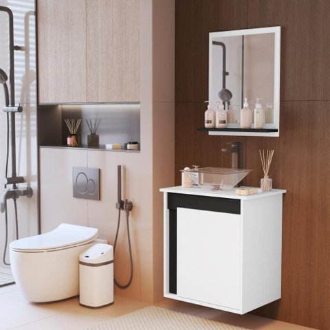 Kit Banheiro Pandora Montado Branco Preto Gabinete e Armário