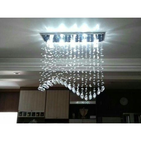 Lustre Onda em Cristais Mesa de Jantar Base 70x20:base Inox Espelhada/0,50 Cm/110v/220v (bivolt)