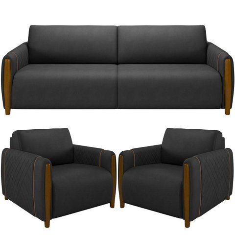 Kit Sofá 2 Lugares Sala Estar 168cm com 02 Poltronas Flora Pés Madeira M03 Couríssimo Preto -