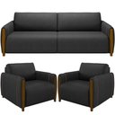 Ver imagem 1 de Kit Sofá 2 Lugares Sala Estar 168cm com 02 Poltronas Flora Pés Madeira M03 Couríssimo Preto -