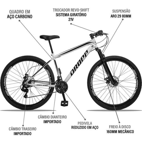 Bicicleta Aro 29 Quadro 19 Aço 21 Marchas Suspensão Freio A Disco Mecânico Branco/Preto - Dropp - 3