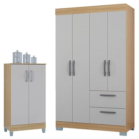 Guarda Roupa Solteiro Tóquio 4 Portas com Armário Multiuso 2 Portas Pequeno Damasco Off White - Poqu