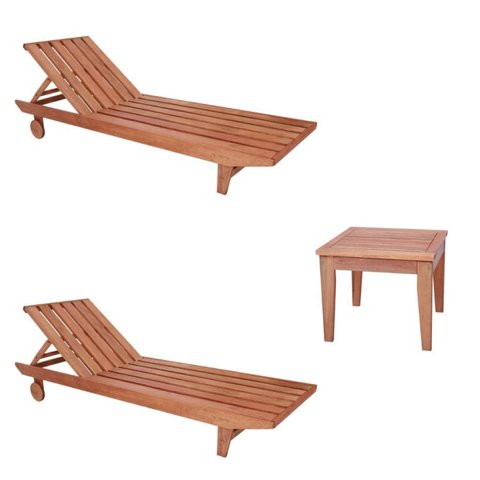Conjunto 2 Espreguiçadeiras e 1 Mesinha de Centro para Jardim em Madeira Maciça