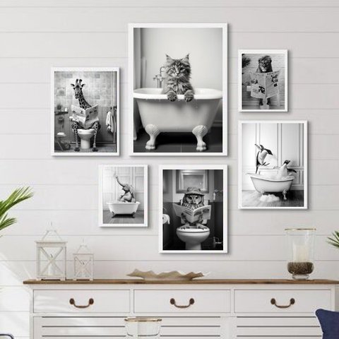 Composição 6 Quadros Divertidos Banheiro- Animais:madeira Branca