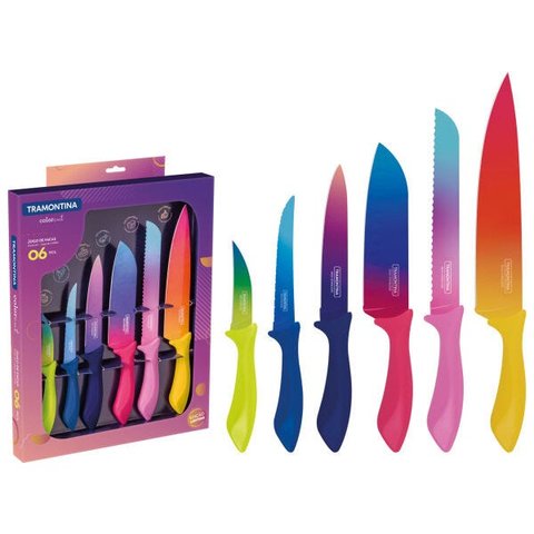 Jogo de Facas Tramontina Colorcut com Lâminas em Aço Inox e Cabos de Polipropileno Pintado 06 Pe