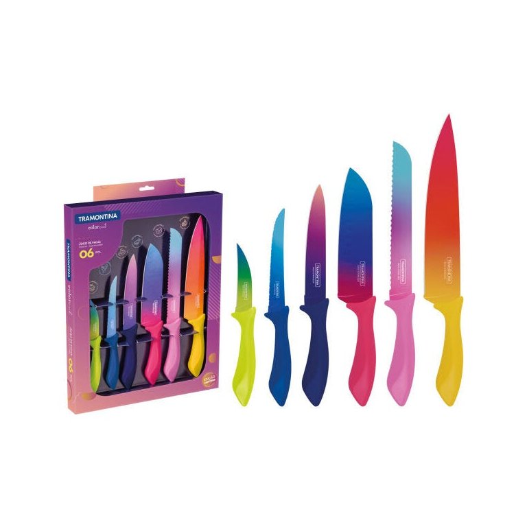 Jogo de Facas Tramontina Colorcut com Lâminas em Aço Inox e Cabos de Polipropileno Pintado 06 Pe