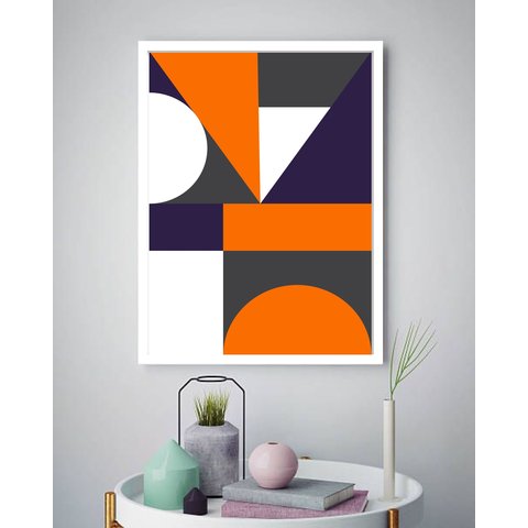 Quadro Decorativo Geométrico Laranja Branco -70x50cm:moldura Preta
