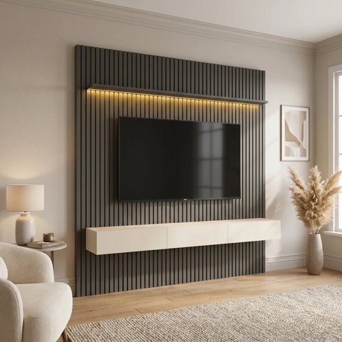 Rack com Painel Ripado para TV até 90 Polegadas em MDF com LED 250x228,8cm Grafite Off White Nobre