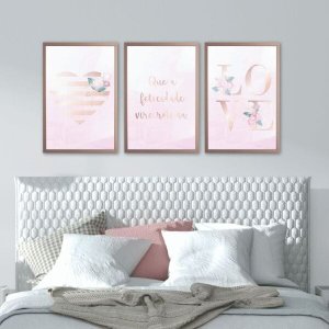 Quadro 60x40cm 3pçs Love Flores Moldura Rose Vidro