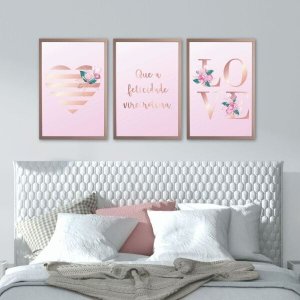 Quadro 60x40cm 3pçs Love Flores Moldura Rose