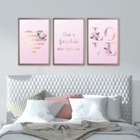 Quadro 60x40cm 3pçs Love Flores Moldura Rose