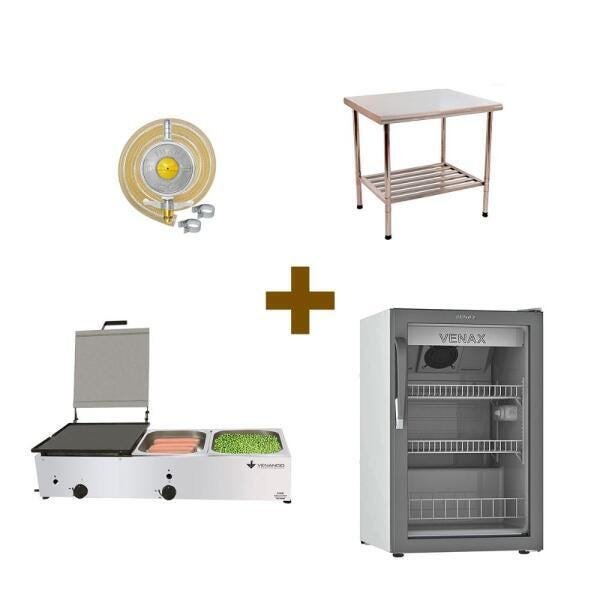 KIT Cachorro-Quente - Prensa e Chapa P47M2 + Kit Gás + Refrigerador VV100 + Mesa Imeca 1,2 - 220V - 1
