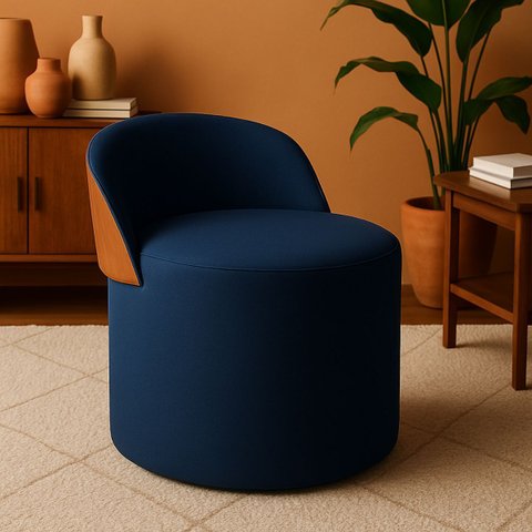 Puff Encosto Corino Redondo Suede Sala Penteadeira Quarto:azul Marinho