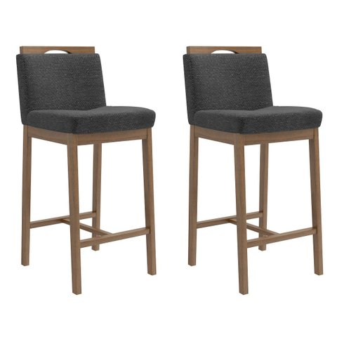 Kit 2 Banquetas Madeira Nogueira Maciça tecido Cinza Escuro Modelo Ester Altura 70cm Poltronas do Su