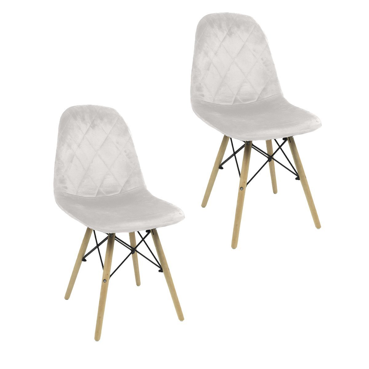 Kit 02 Cadeiras Charles Eames Wood Eiffel Veludo Estofado Branco