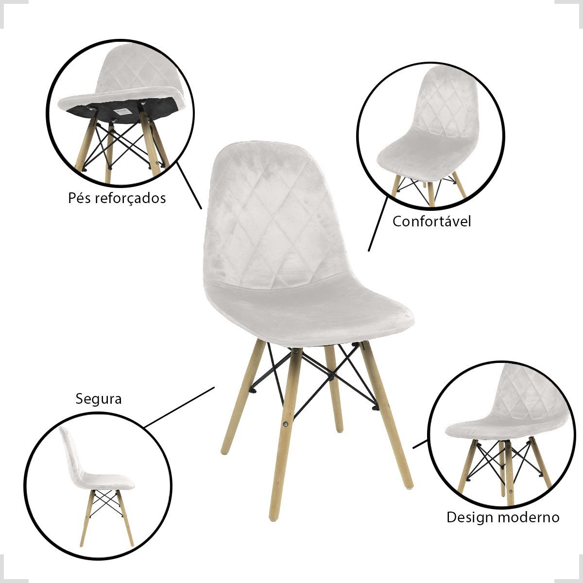 Kit 02 Cadeiras Charles Eames Wood Eiffel Veludo Estofado Branco - 2