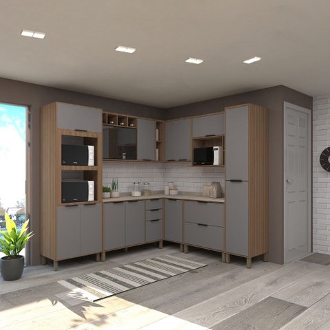 Cozinha Modulada Completa com 8 Peças Vidro Reflecta Tampos e Paneleiro Aspen Luciane Móveis