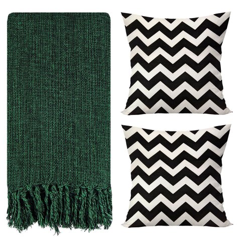 Kit 1 Manta para Sofá 2,40 X 1,80 + 2 Capas de Almofada Cor:verde-preto