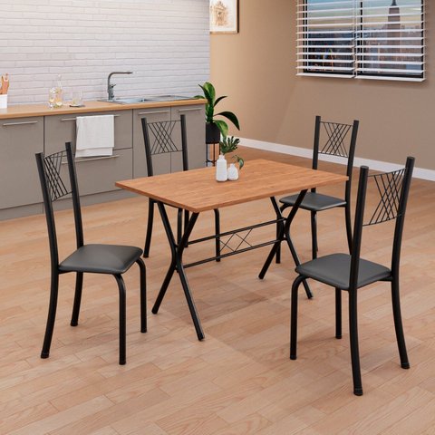 Conjunto de Mesa Tubular 062 100x60cm Tampo em MDF com 4 Cadeiras Sara Preto/Liso/Txt