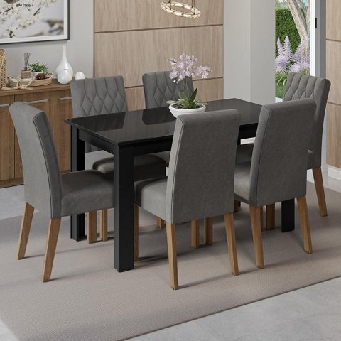 Conjunto Sala de Jantar Mesa Tampo de Vidro 6 Cadeiras Odara Madesa