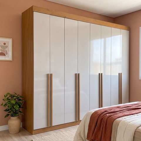 Guarda Roupa Casal 100% MDF 8 Portas 8 Gavetas com Cabideiros 275x240x57cm Cinamomo/Off White