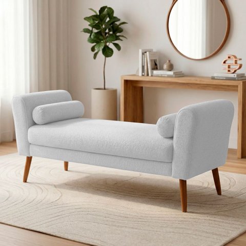 Puff Recamier Estofado para Quarto Itália 160cm com Pés Palito Bouclê Branco - Desk Design
