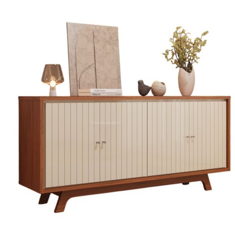 Buffet Aparador 4 Portas com Frisos Decorativos e Prateleiras Soleil Freijó/off White - Mabe Magazin