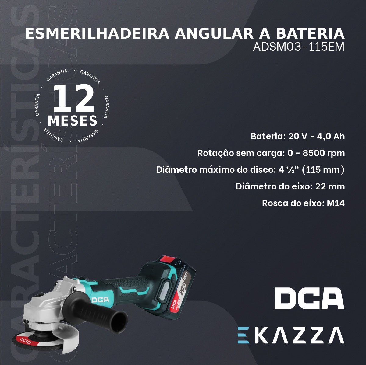 Esmerilhadeira Angular Bateria 4.1/2" 20v Adsm03-115em - Dca - 3