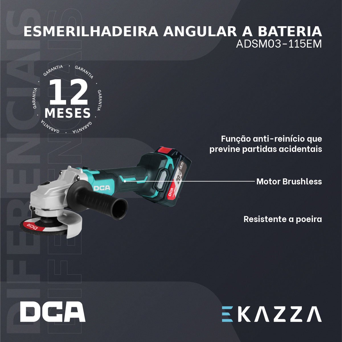 Esmerilhadeira Angular Bateria 4.1/2" 20v Adsm03-115em - Dca - 2