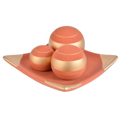 Centro de Mesa Prato 3 Esferas em Cerâmica Fosca Decor - Red Golden