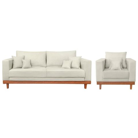 Kit Poltrona Living + Sofá 2 Lugares com Base Madeira Suede Bege