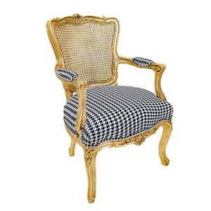 Cadeira de Braço Encosto Palhinha Tecido Preto e Branco Toda Entalhada Dourado