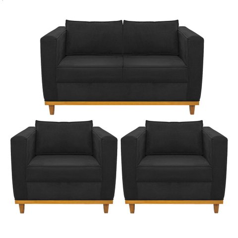 Kit Sofá 2 Lugares e 2 Poltronas Europa Suede Preto - Am Decor