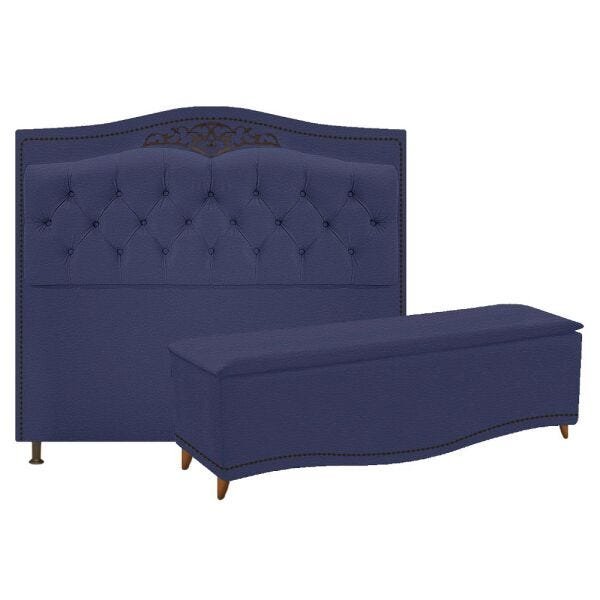 Kit Cabeceira e Calçadeira Yasmim 140 cm Casal Corano Azul Marinho - ADJ Decor - 1