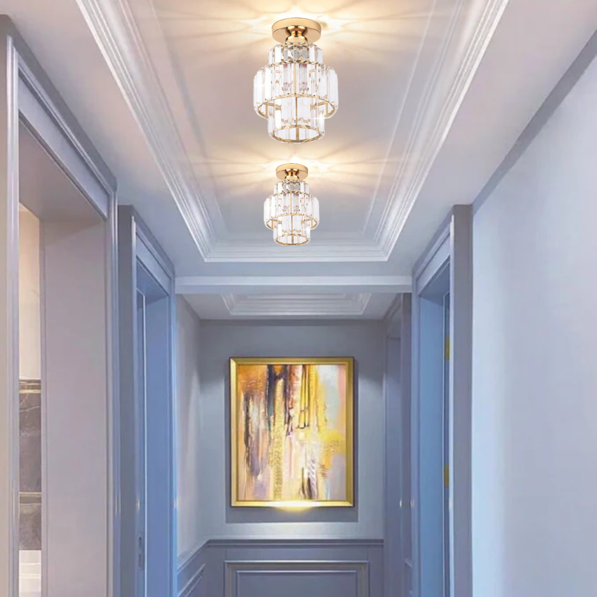 Ver imagem 6 de Luminária Pendente até 128cm 32 Cristais Metal Lustre Plafon Teto Bivolt E27 Gimpo Kjdd-e-003:dourad