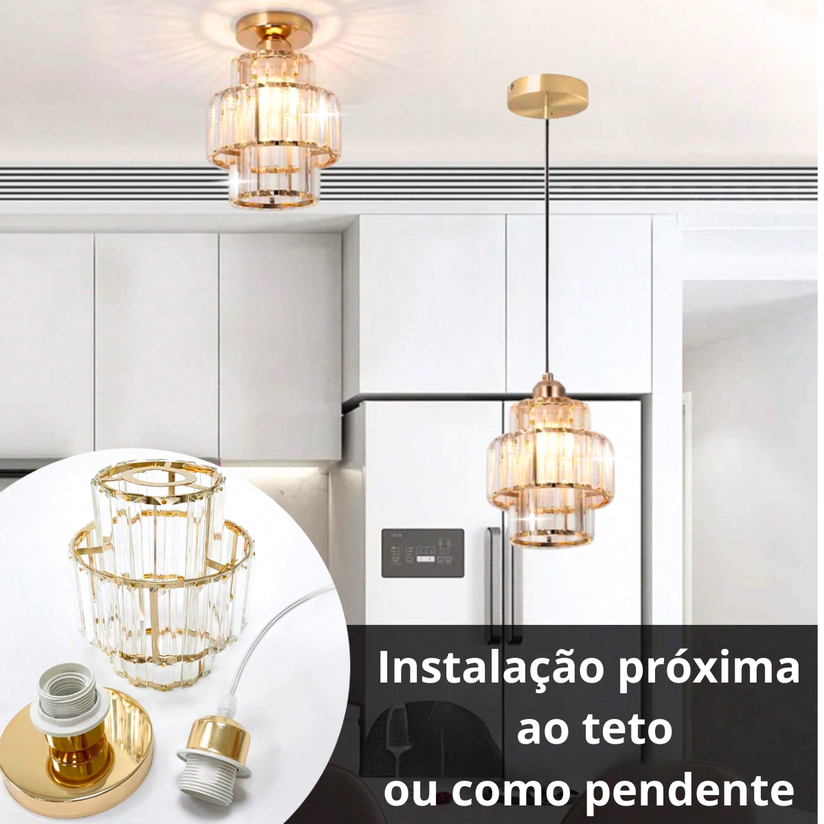 Ver imagem 2 de Luminária Pendente até 128cm 32 Cristais Metal Lustre Plafon Teto Bivolt E27 Gimpo Kjdd-e-003:dourad